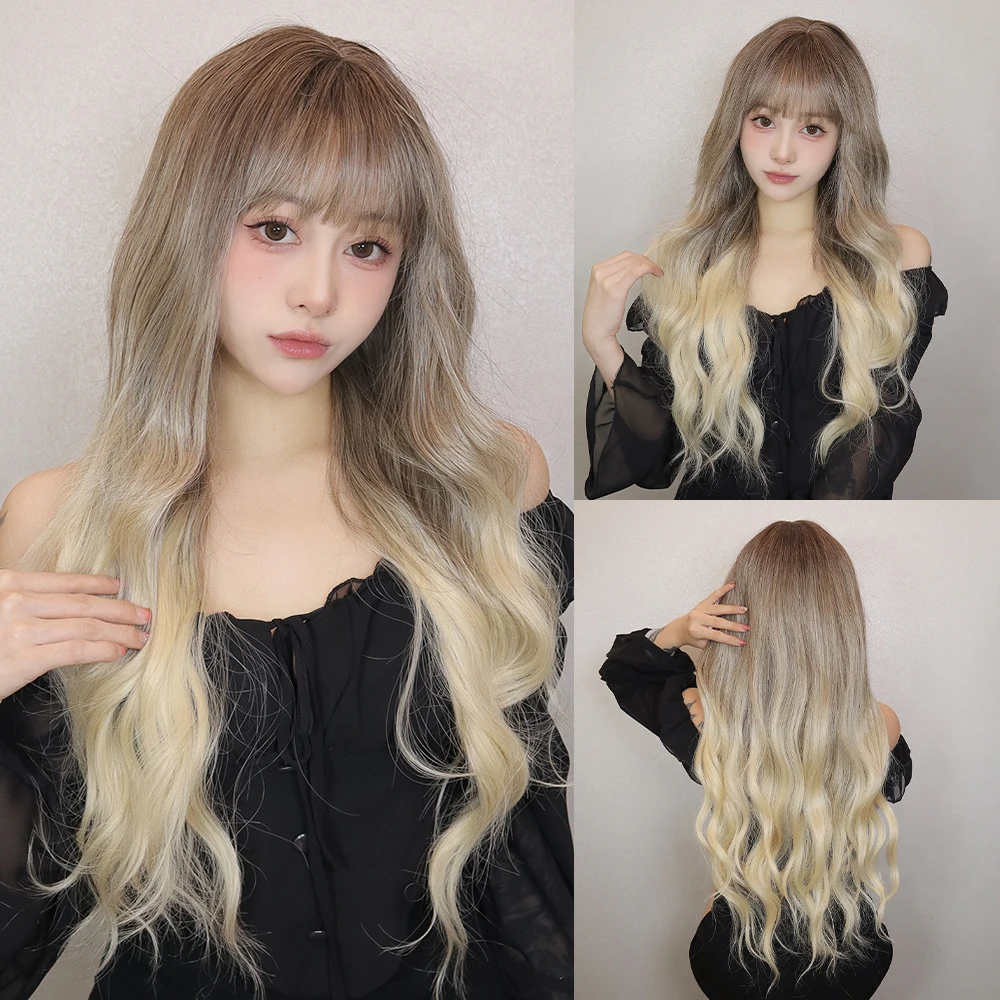 

Wig set, wig, Japanese and Korean style wig, straight bangs, white gold gradient, long curly hair full set