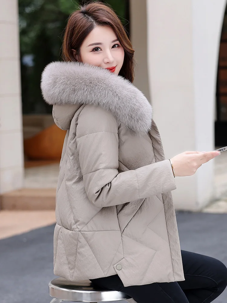 New Women Sheep Leather Down Jacket Winter Fashion Warm Hooded Real Fox Fur Collar Loose Leather Coat Casual Thicken Outerwear