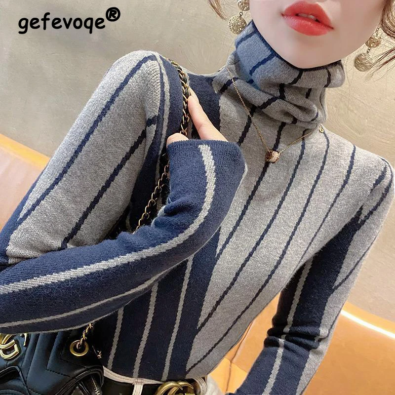 

Women Korean Fashion Striped Turtleneck Elegant Knitted Sweater 2023 Autumn Winter Long Sleeve Warm Pullover Basic Tops Jumpers