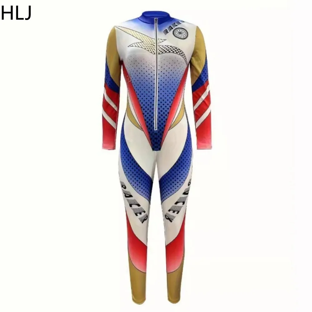 HLJ Fashion Letter Print Bodycon Sporty Jumpsuits Women V Neck Zipper Long Sleeve Slim Playsuits Casual Female One Piece Overall