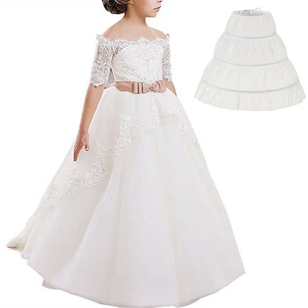 Girls Tutu Skirt 3 Hoops Skirt Petticoat Flower Crinoline Princess Skirt White Lace