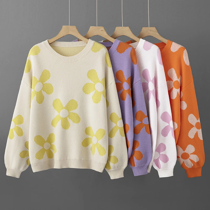

Vintage Flower Oversize Pullovers Women Sweater Autumn Fashion Designer Soft Knit Pullover Tops Basic O-Neck Warm Winter Jumper