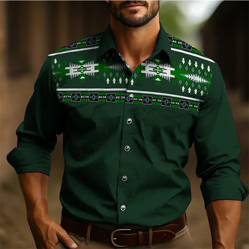 Men's Western Shirt Tribal Pattern Retro Geometric Lapel Outdoor Street Long Sleeve Printed Clothing Design Casual Western Style