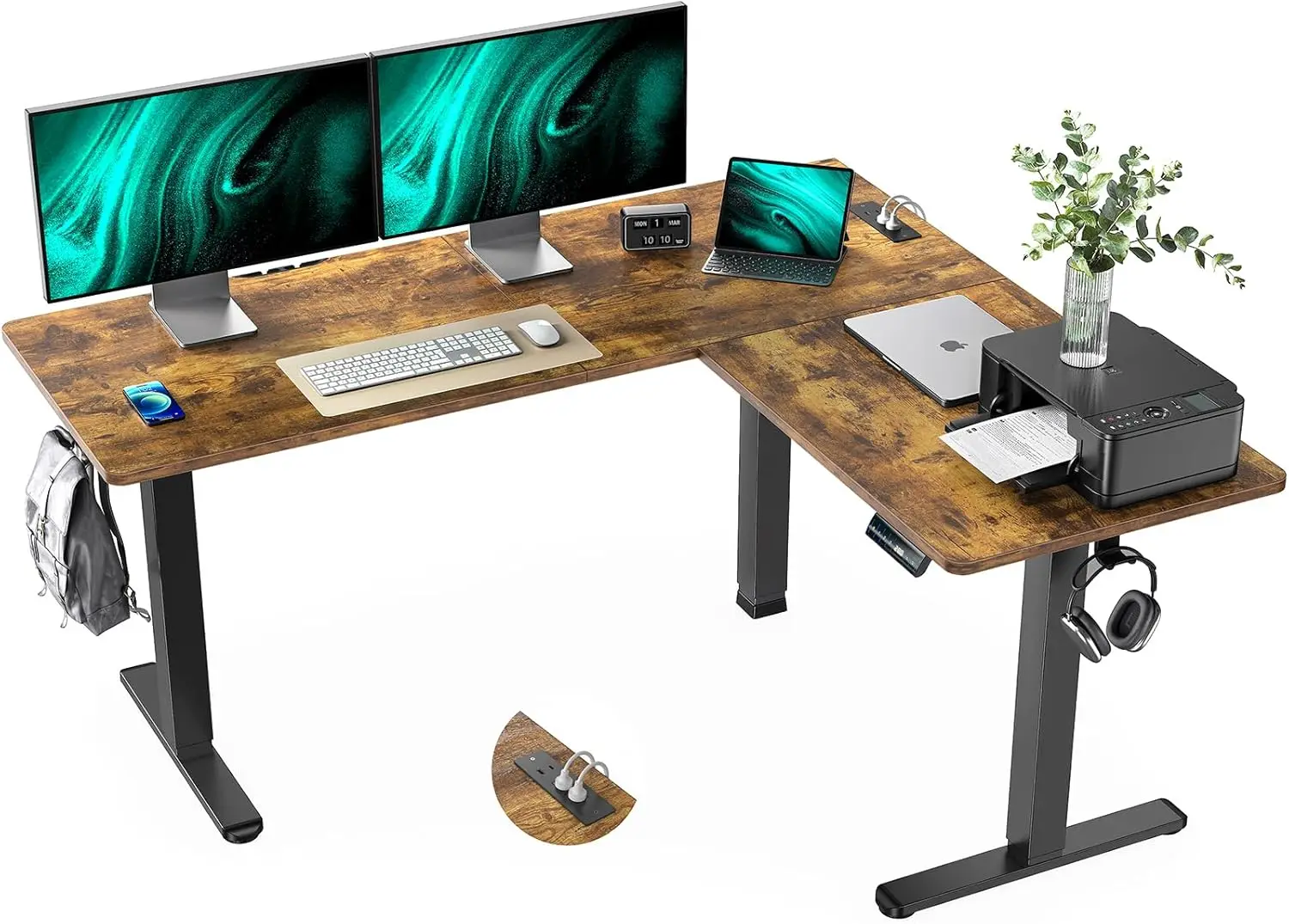 Marsail Standing Desk Adjustable Height with 4-in 1 Electical Outlet, L Shaped Electric Standing Desk with Headphone Hook, Stand