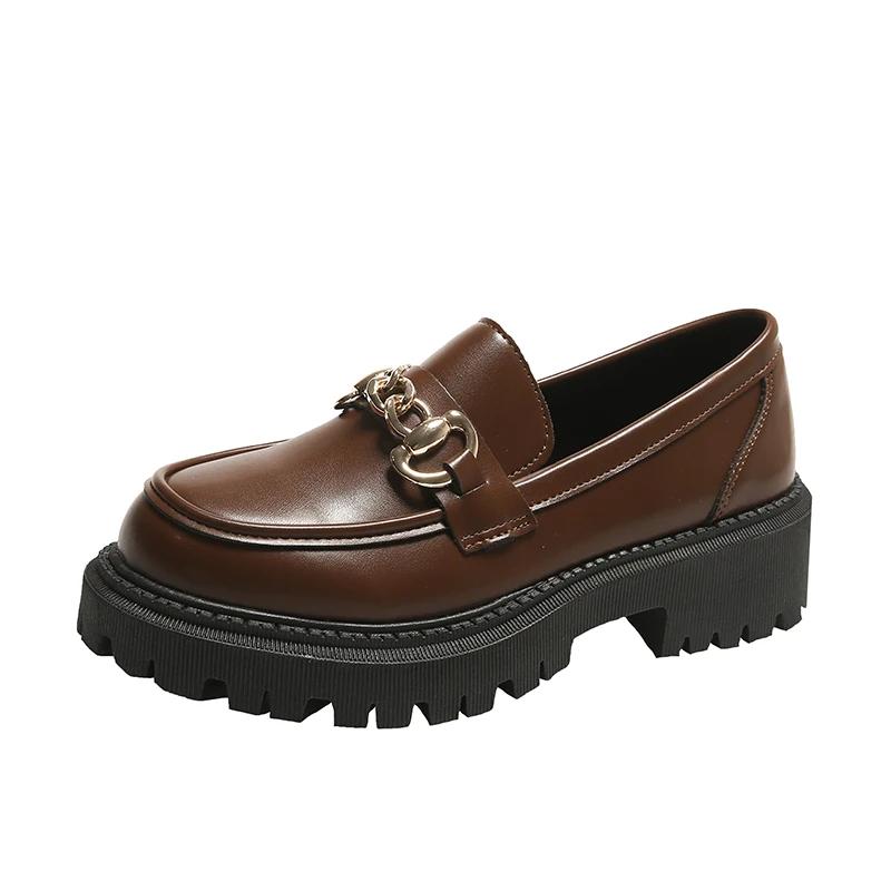 Chunky Loafers Women Genuine Cow Leather Platform Shoes Round Toe Metal Chain Slip on Ladies Flats Handmade 2023 5