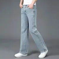 Spring Summer New Fashion High Waist Pockets Men's Clothing All Match Solid Color Straight Loose Pockets Rope Hombre Jeans Pants 1