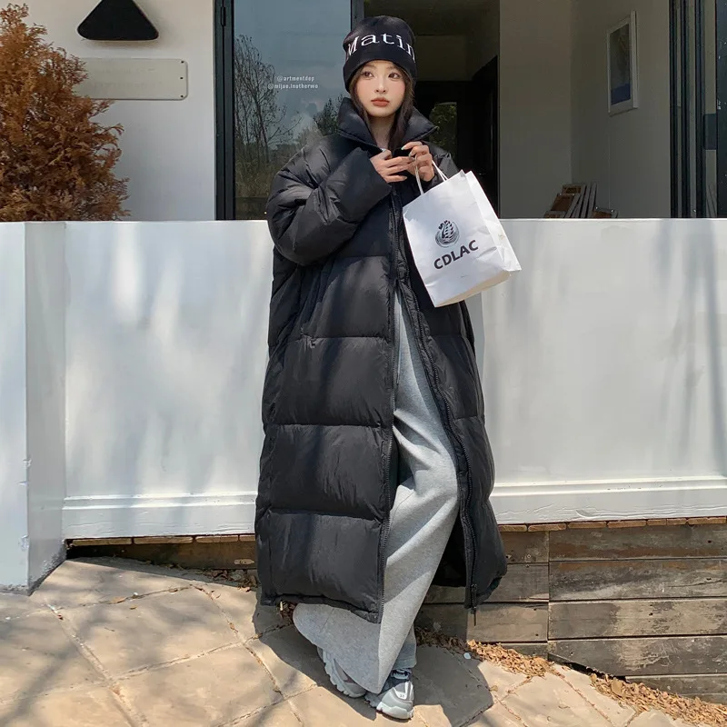 2023 New Oversize Down Cotton Coat Women Long Over Knee Length Thick Loose Bomb Casual Comfortable Overcoat Solid Color White