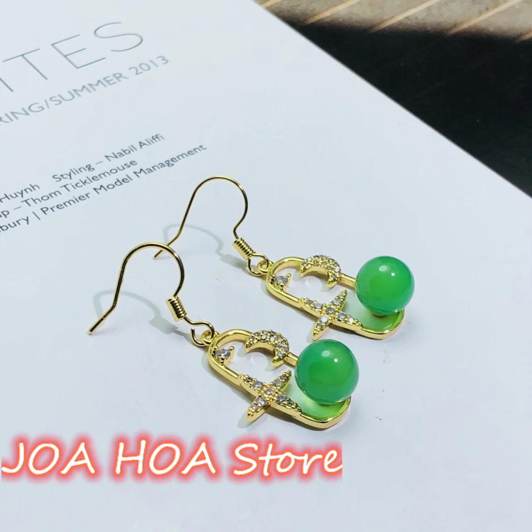

New Jewelry Prong Set Zircon 925 Silver Gold-plated Inlaid Natural Eardrop Chalcedony Agate Ear Accessories Jade Earrings