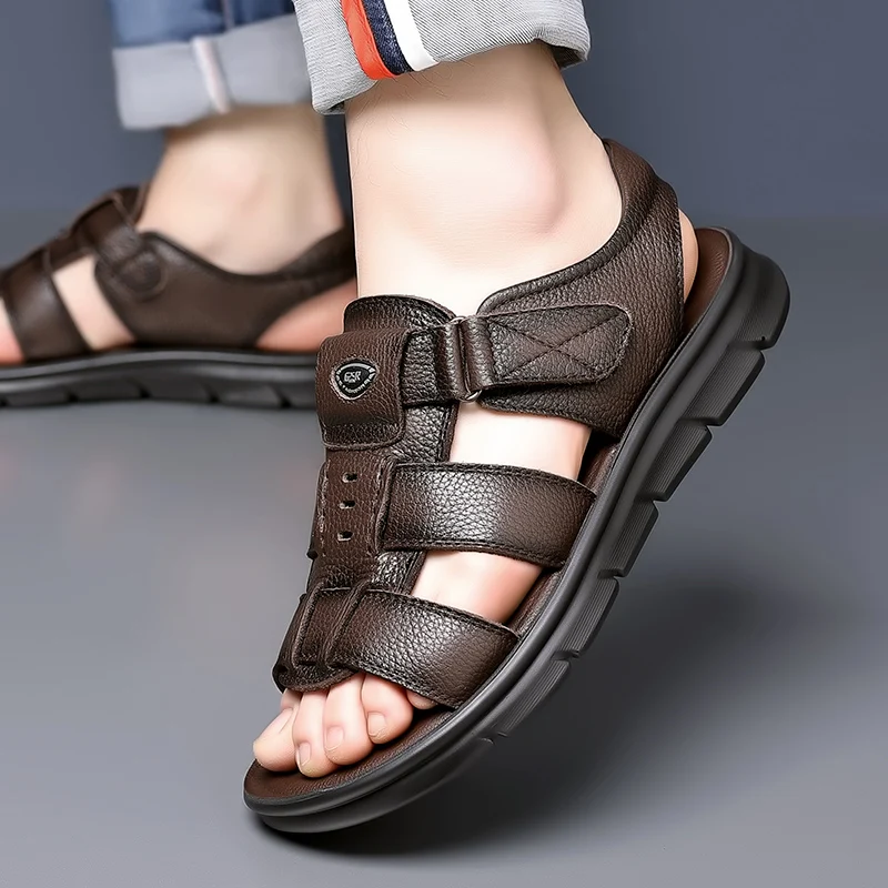 

Brand Men's Fashionable Top Layer Cowhide Roman Beach Sandals Summer Breathable Soft Sole Non Slip Outdoor Quick Drying Sandals