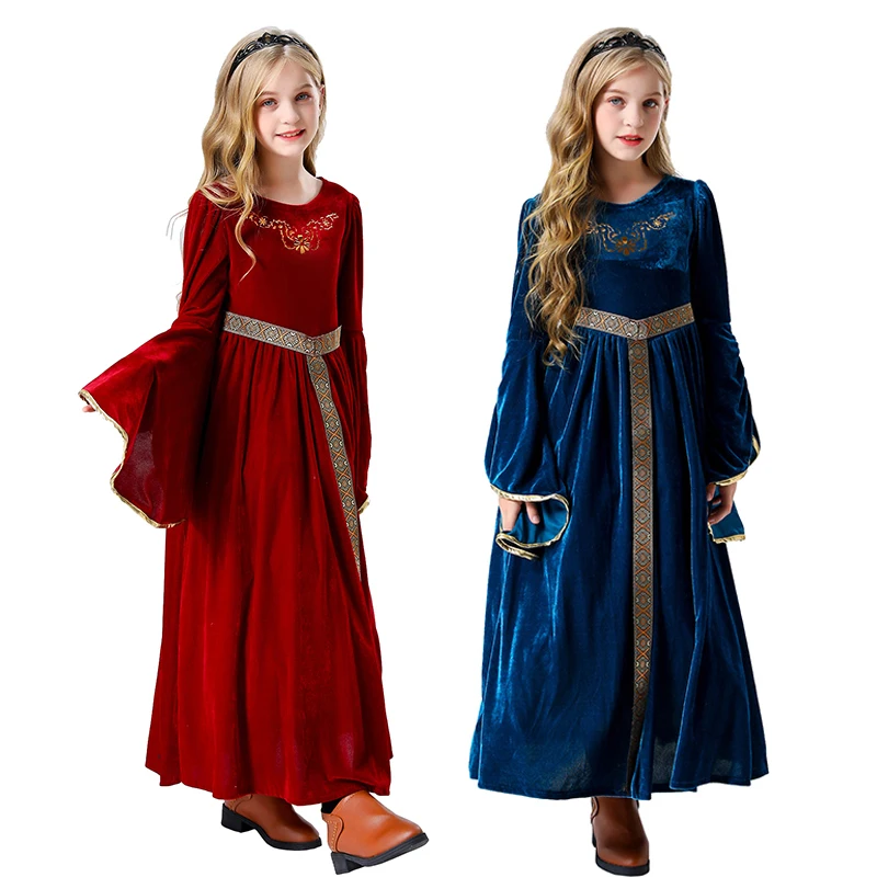

New Princess Girls Velvet Classic Retro Dress Medieval Court Costume Kids Princess Party Christmas Children Dress