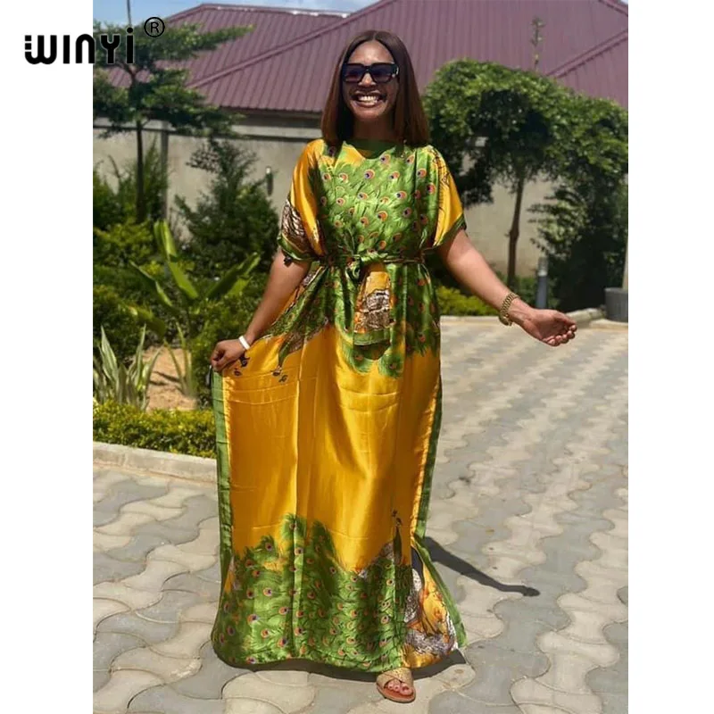 

WINYI elegant Ramadan Graphic Print Crew Neck Kaftan maxi Abaya - Modest Short Sleeve Maxi Dress for Women party dress with belt