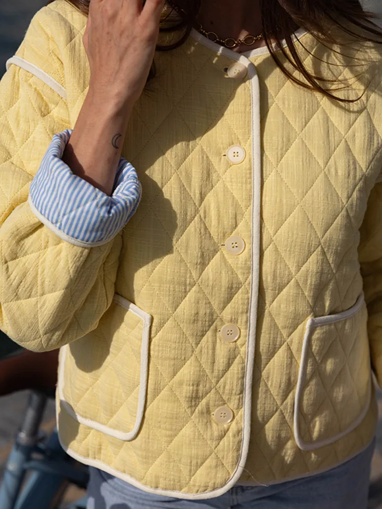 Argyle Panelled Patchwork Thin Padded Jacket Women Elegant O-neck Long Sleeve Single Breasted Pockets Coats New Ladies Outerwear