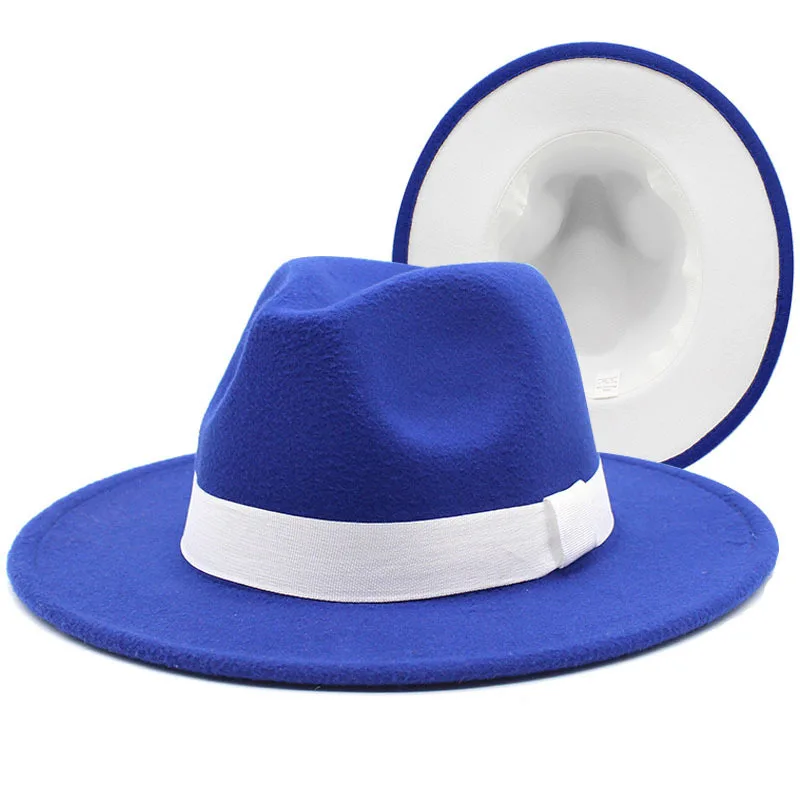 Classic Outside white inside blue Patchwork Wide Brim Fedora Hat Men Women  Two Tone Felt Fedora Hats Cowboy Jazz Hat Brown Belt