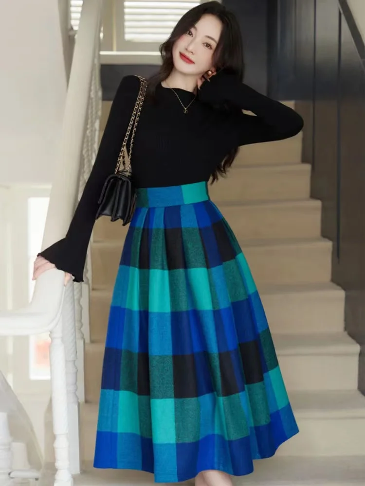 

Green Plaid Skirts for Women 2023 Autumn Winter Fashion Vintage High Waisted Long Skirts Slim Office Ladies A Line Skirts