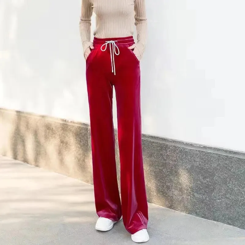 2024 New Women's Velvet Elastic High Waist Wide Leg Pants Spring Casual Straight Pantalon Elegant Trousers Korean Basic Spodnie