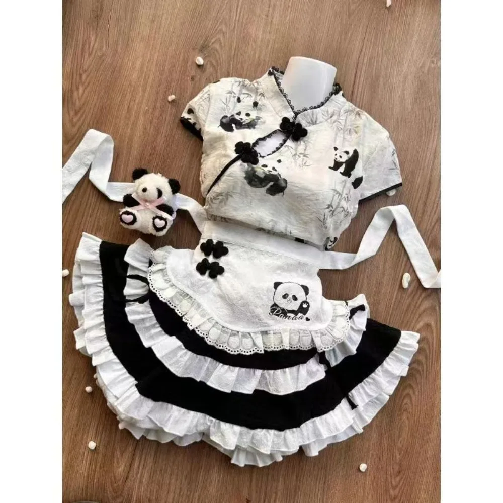 Chinese Lolita Dress Vintage Sweet Kawaii Assymmetrical Qipao Top + Ruffles Skirt + White Apron Cute Lolita Style Clothing