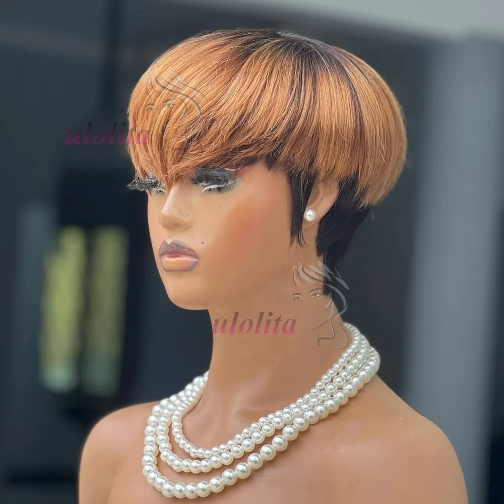 Short Straight Bob Wig Pixie Cut Wig Human Hair For Black Women With Bangs Brazilian Virgin Hair Non Lace front Cheap Black