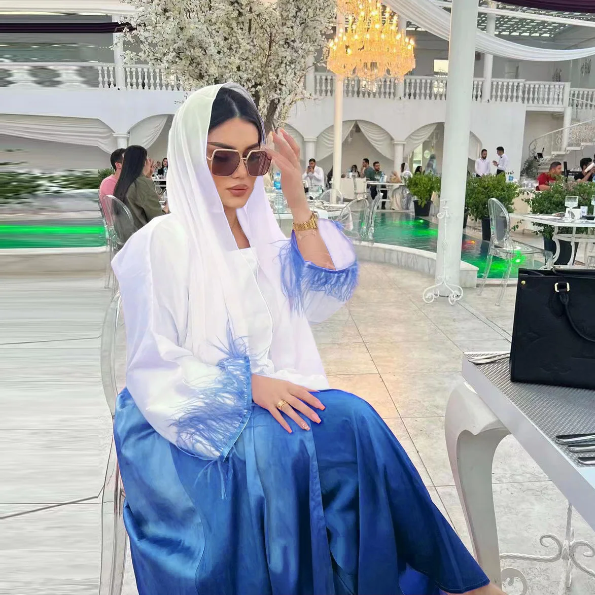 Two Pieces Abaya Set for Women Malaysia Dubai Solid Gradient Fashion Feather Patchwork Kimono Abaya and Vest Dress Eid