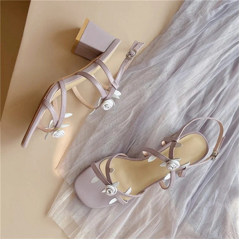 

Spring Flower Soft Sole Sandals Chunky Heels Leather Women Shoes Solid Ankle Strap Zapatillas Mujer Square Toe Female Pumps