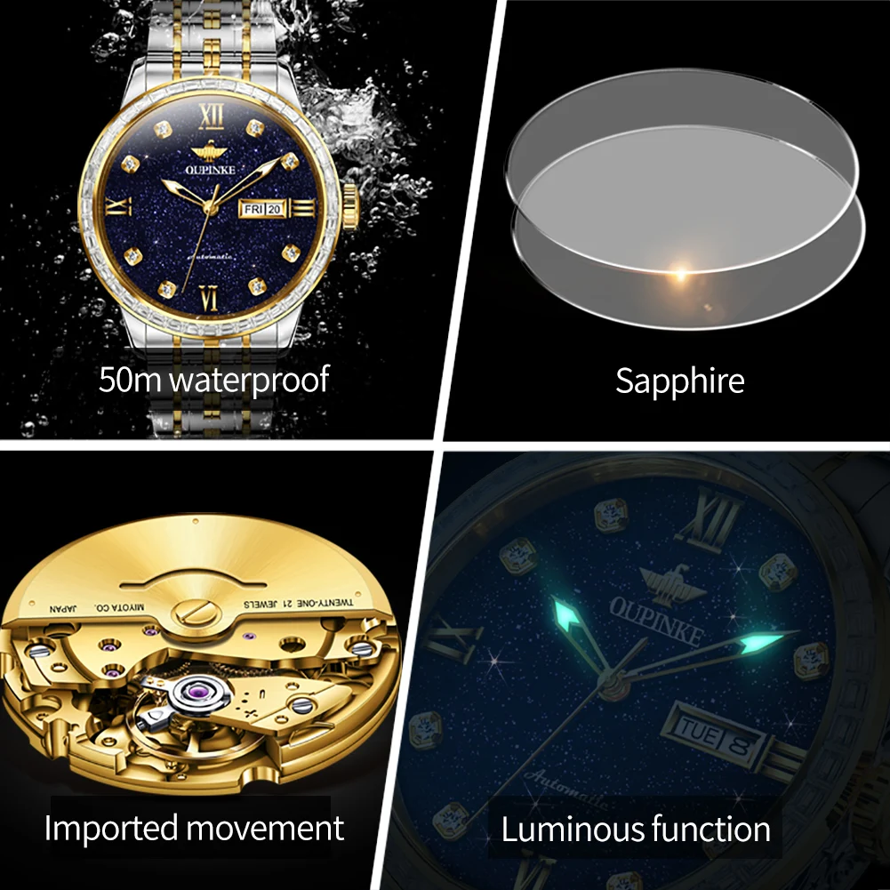 OUPINKE 3241 Japan Automatic Mechanical Watch for Man Fashion Luxury Starry Sky Dial Diamond Bezel Original Men's Dress Watches