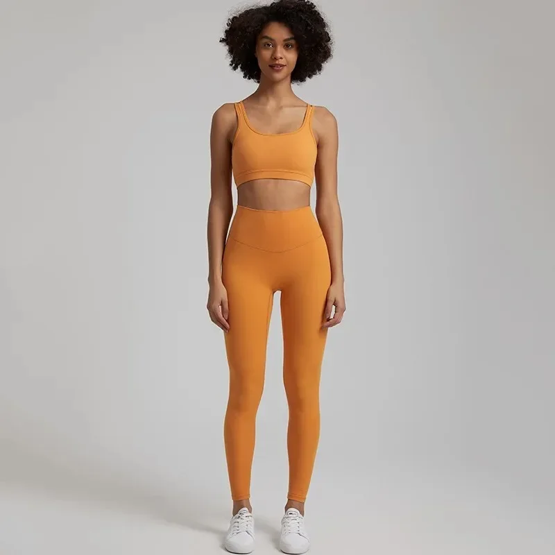 Lemon Gym Fitness Yoga Set Legging Back Cross Sport Bra Top 2pc Suit Comprehensive Training Jog Womencutout Tie Round Neck