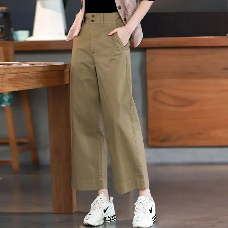 

Women Pants Spring Autumn Casual Elastic High Waist Wide Leg Pant Korean Loose Female Khaki Black Straight Ankle-Length Trousers