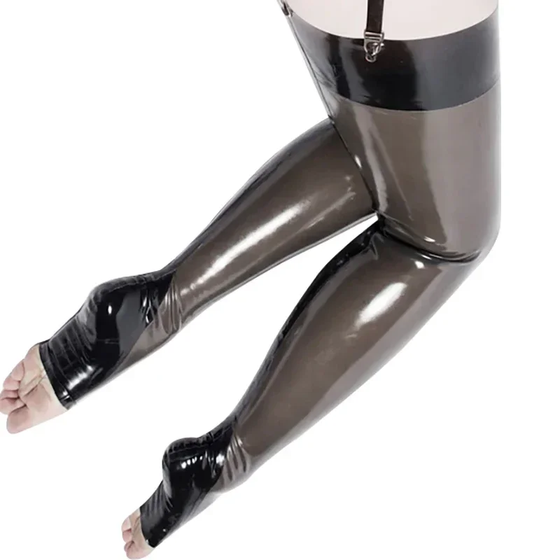 thumbnail image 1 of Medias largas de látex transparentes negras sexys hasta el muslo con adornos y dedos abiertos para cosplay, 1 of 4