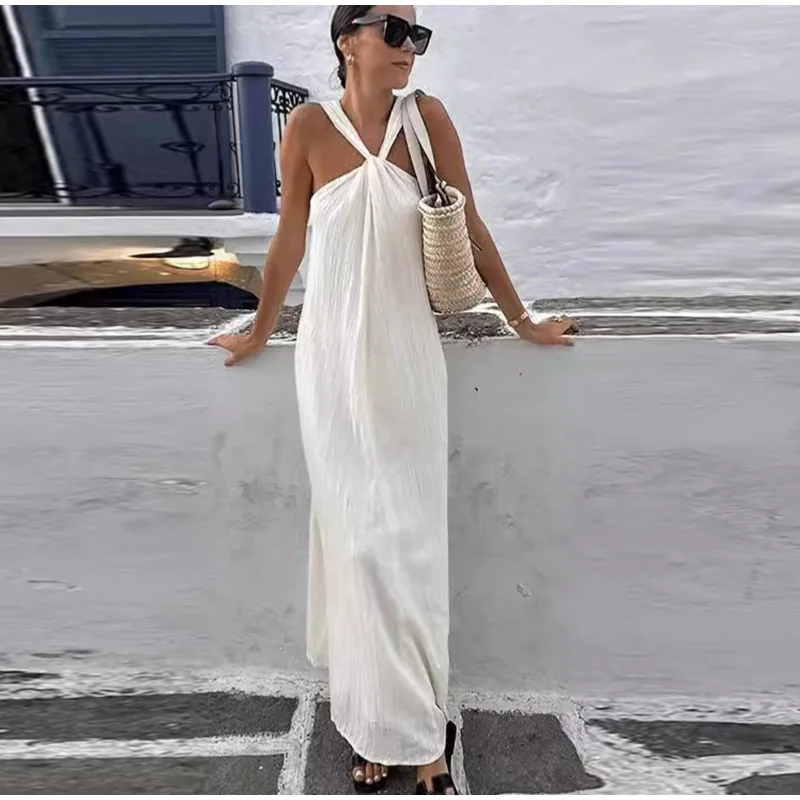 Elegant Solid Halter Women Long Dress Sleeveless Backless Female Maxi Dress Spring Summer New Fashion Lady High Street Robe
