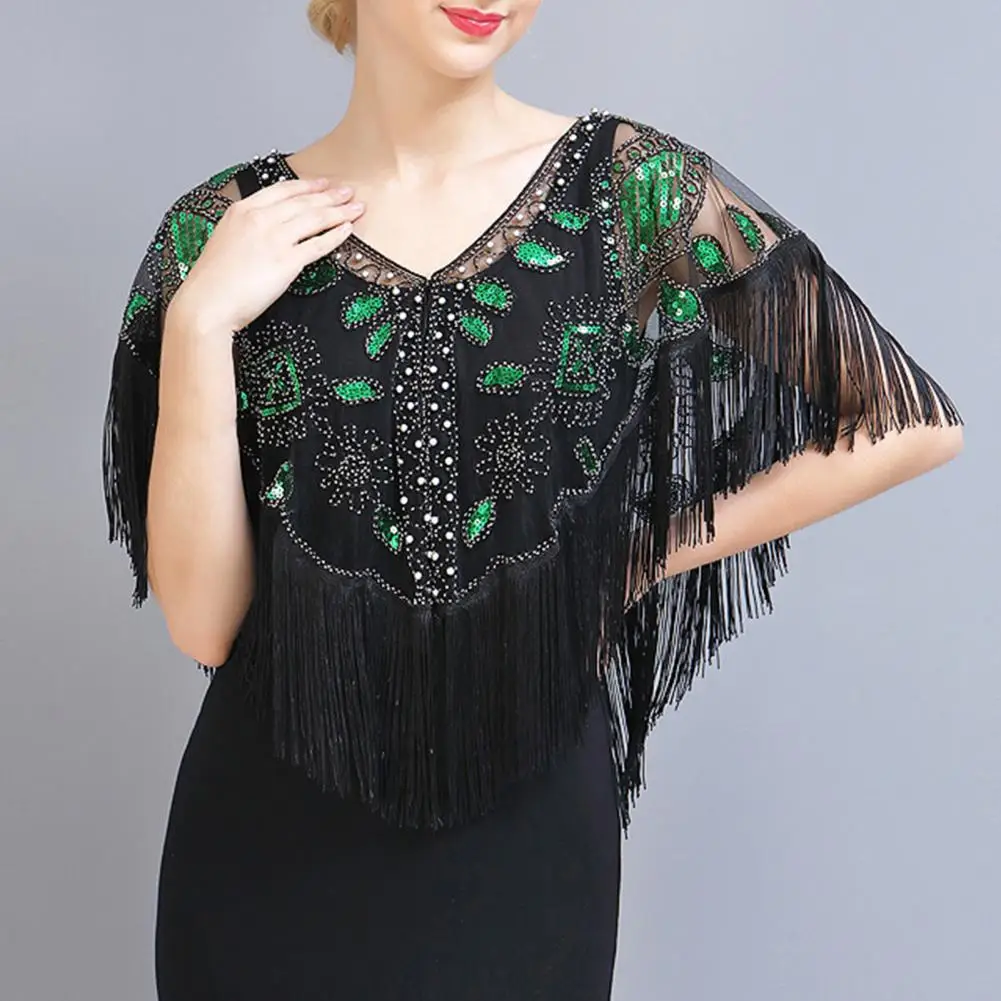 

Contrast Color Shawl 1920s Women's Sequined Shawl Tassel Fringe Beaded Faux Pearl Sheer Mesh Wrap Cape V Neck See-through Cover