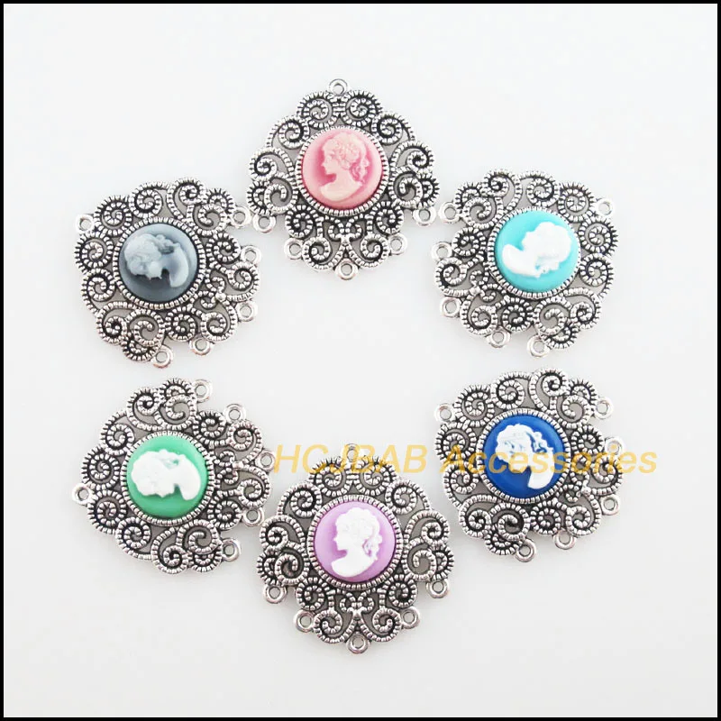 

6Pcs Tibetan Silver Plated Heart Flower Beauty Mixed Charms Connectors 30x31.5mm