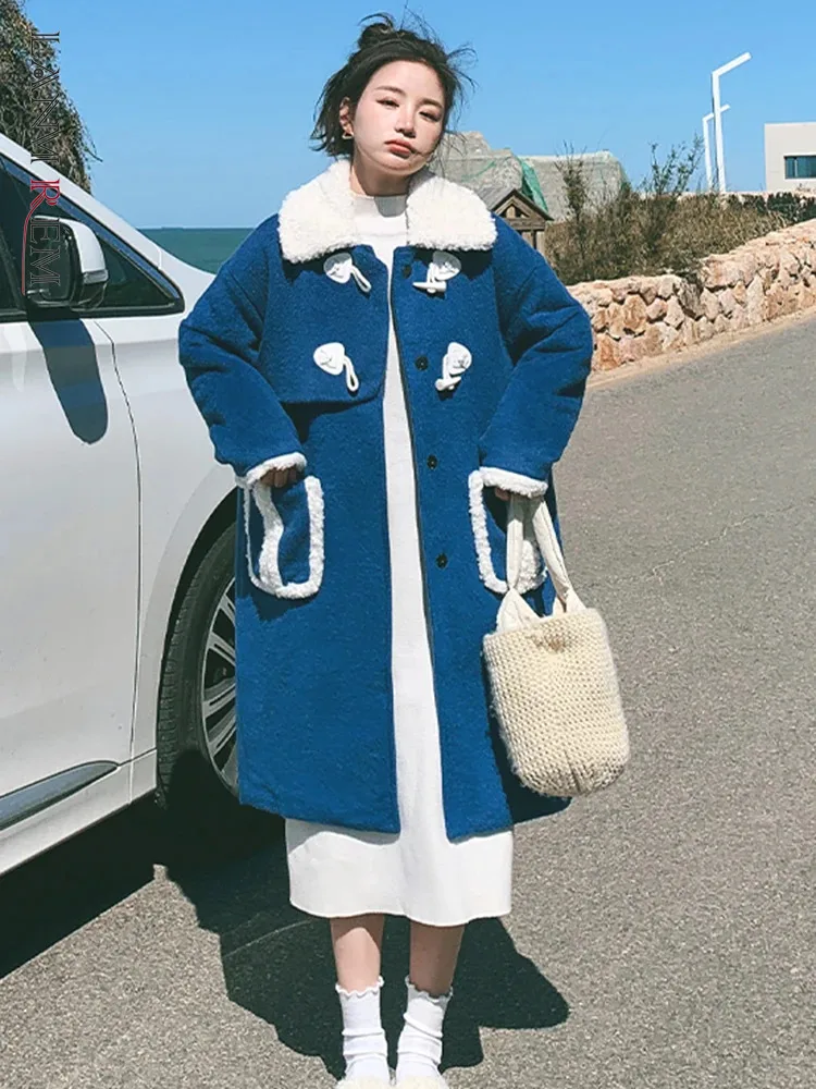 

LANMREM Winter Woolen Mid Length Coat Women Lapel Lamb Fur Spliced Contrast Color Clothing Fashion 2023 New Clothing 2AA3797