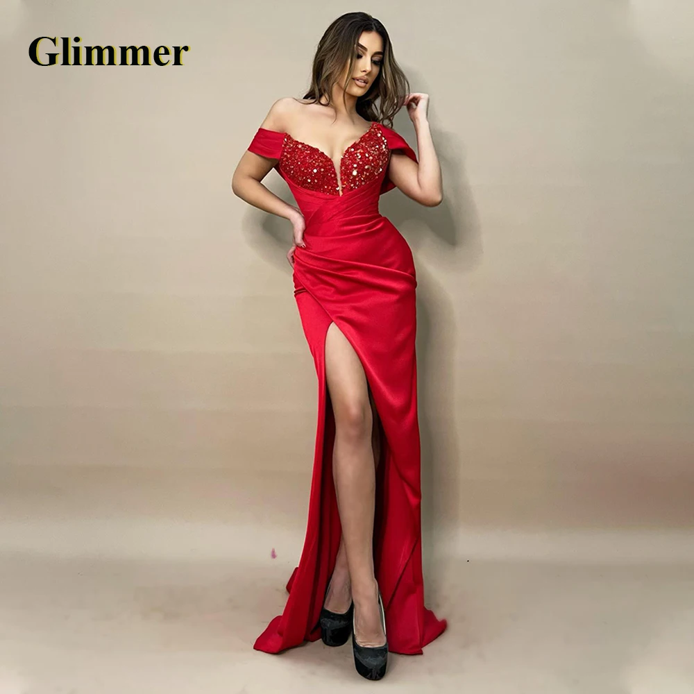 

Glimmer Fancy Off The Shoulder Graduation Dresses Sequines Mermaid Satin Side Slit Sweetheart Pleat Robes De Soirée Customised