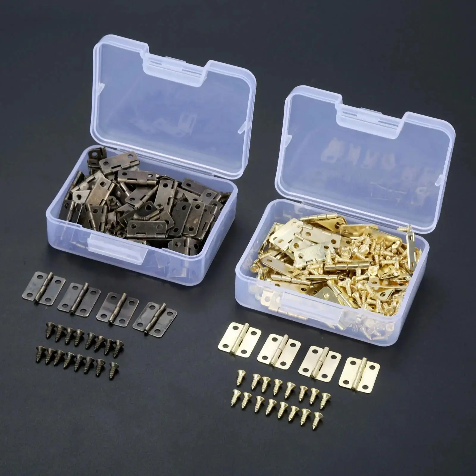 50pcs/box Hinges 200 Screws Iron Golden/Antique Bronze 4 Holes Durable Furniture Hardware 16*13mm Mini Rounded Hinge Decor
