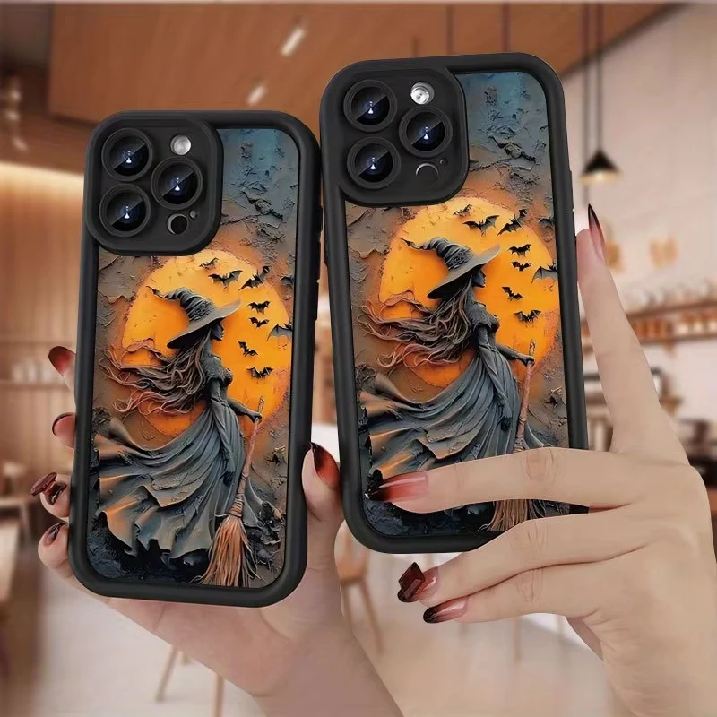 Glowing Moonlight Witch Broom & Bat Silicone Phone Case