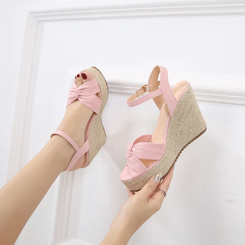 Pink Sandal Wedge Heel Open Toe Black High Heels Small Size 31 32