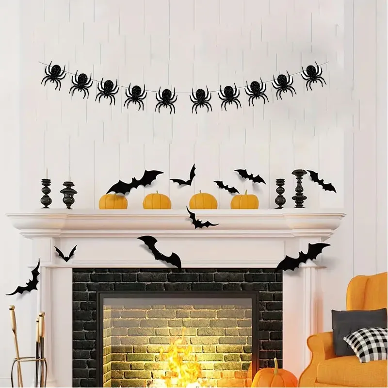 Horror Theme Halloween Decor Set: Pumpkin Witch Bat Skull Banner Garland Flags for Home Hanging and Party Decorations