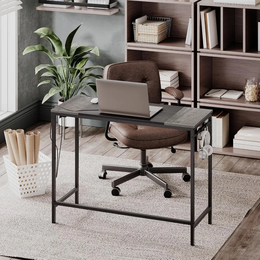 Home Office Desk with Power Outlet, Modern Study Writing Desk with 3 Hooks for Study Room, Home Office, Computer Desks 4