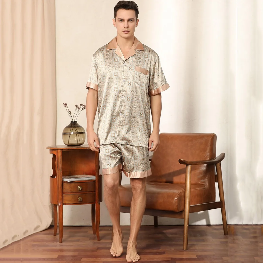 

Spring Summer Ice Silk 2PCS Pajamas Suit S-XXL Men's Loose Home Wear Fashion Print Short Sleeve Shorts Sleepwear Loose Nightwear