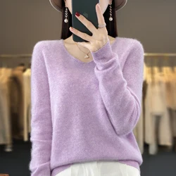 Women's 100% Pure Wool Cashmere V-Neck Sweater - Cozy Knit Top - XXL (Lavender)