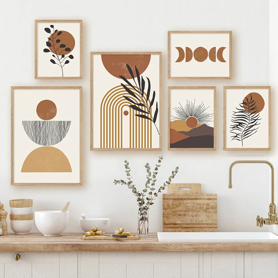 Boho Abstract Geometric Leaves Line Poster Beige Mountain Wall Art Canvas Painting Print Pictures Living Room Home Decoration