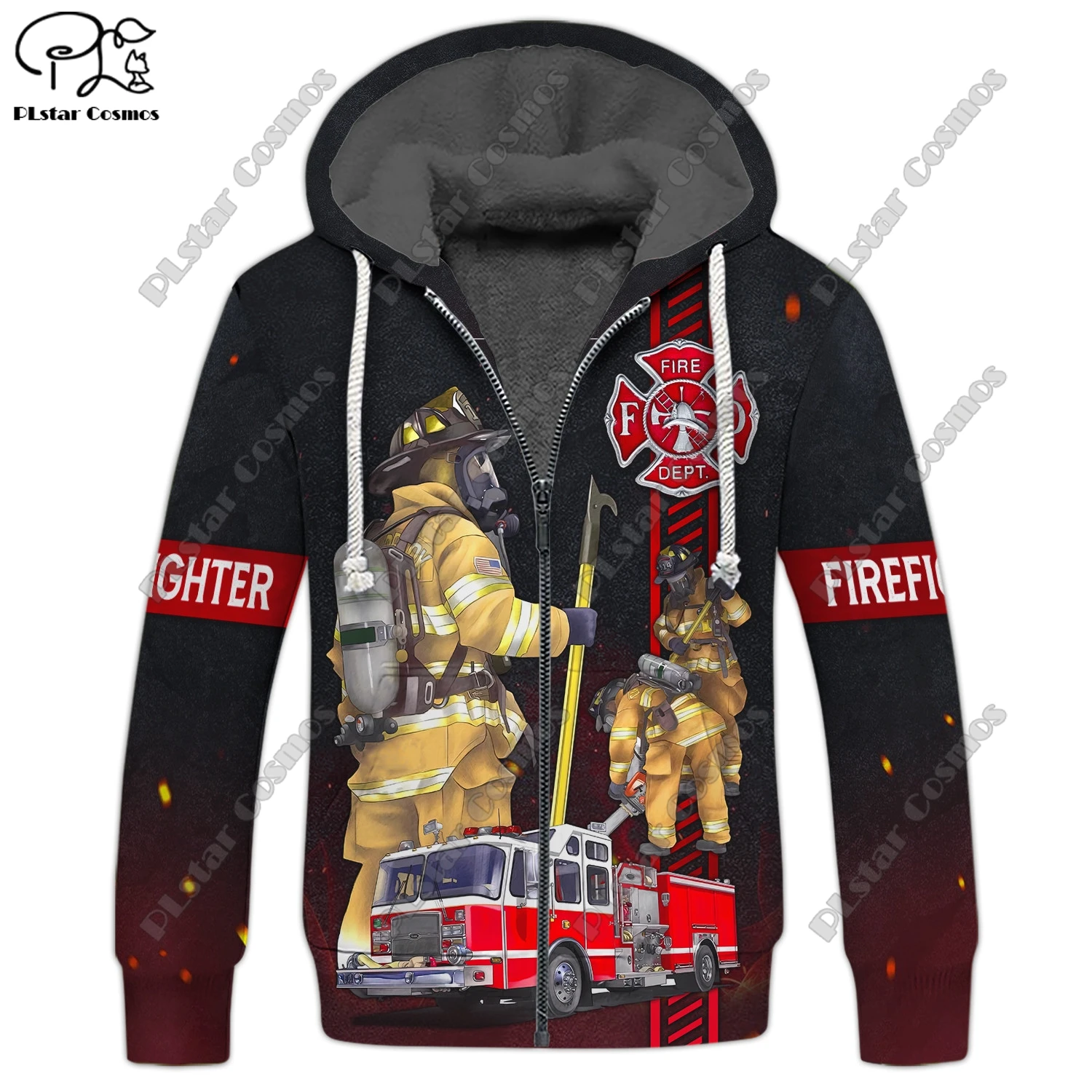 3D printing customized name new firefighter pattern warm hooded thickened jacket zipper fleece hoodie winter jacket casual 3