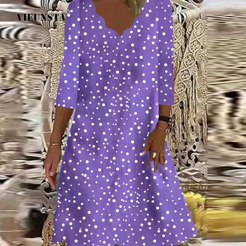 

Fashion Half Sleeve Midi Dress Streetwear Casual Chic Wave V-Neck Dresses Vestido Spring Women New Vintage Dot Print Loose Dress
