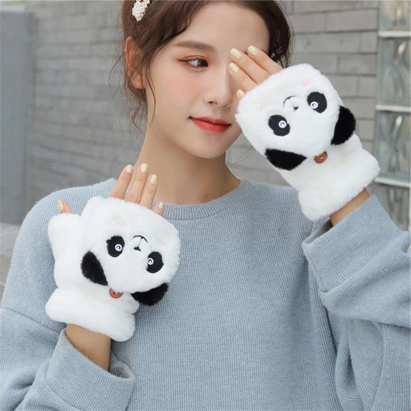 

Women's Gloves Touch Screen Mittens Cartoon Panda Half Finger Flip Gloves Driving Warm Cold Protection Mittens