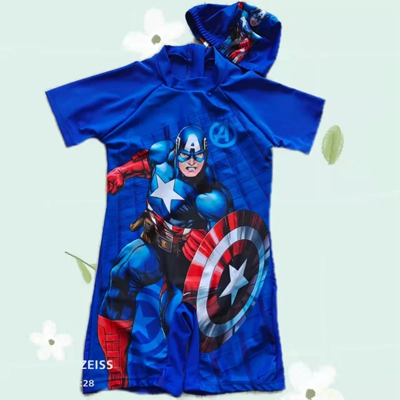 Baby Boys One Piece Swimsuit Hats 2 Pcs Set Swimwear Cartoon Spiderman Suit Boys Captain America Kids Girl Sport Baby Beachwear kids swimsuits