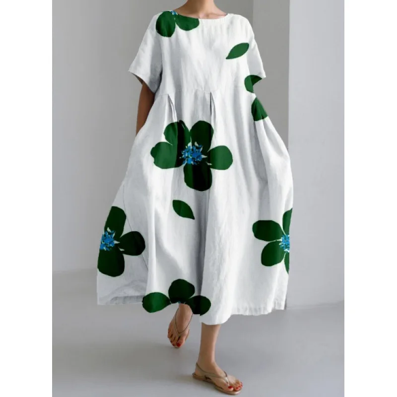 Loose Flower Print Dress for Women Summer Fashion Casual Streetwear Short Sleeved O-neck Swing Skirt Dress Female Party Vestidos