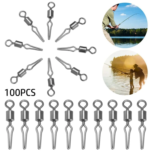 100Pcs Stainless Steel Swivels With Side Line Clip Fishing Hanging Snap  Fishhooks Crap Connector Barrel Swivel