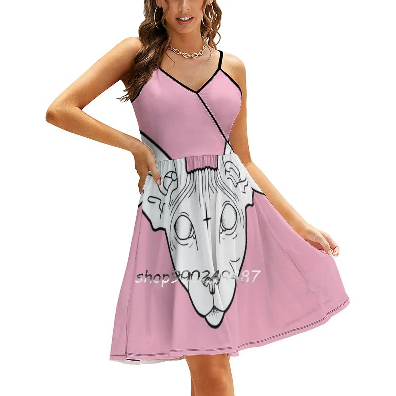 

Sphynx Cat Sling Dress Women Summer Printing Condole Belt Dresses Sphnx Cat Cat Sphnx Pink Cute Evil Horror Dotwork White