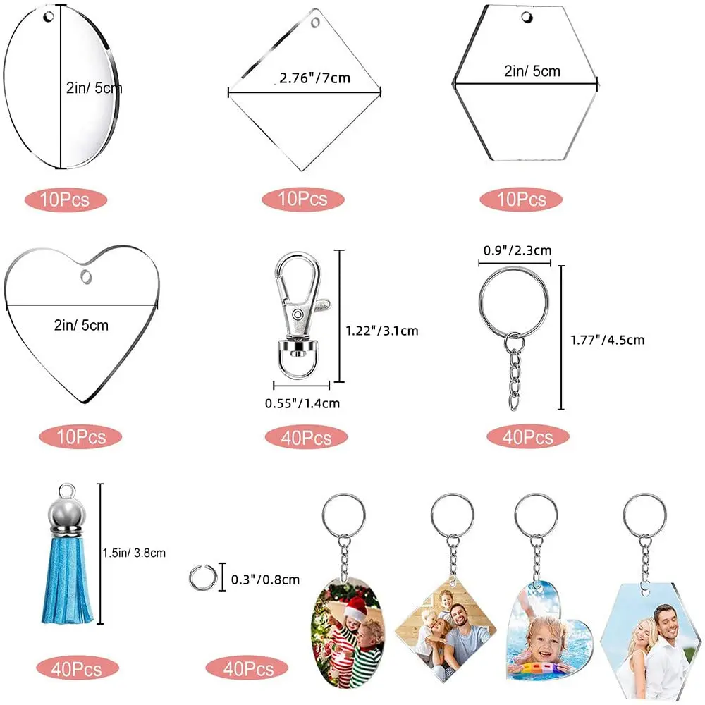 200Pcs Blanks Keychain Acrylic Blanks Bulk with 4 Shapes  Acrylic Leather Tassel Charms Key Chains Jump Ring for DIY Supplies