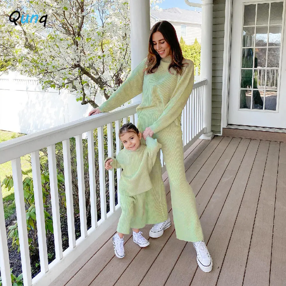 

Qunq Spring Parent-child Outfits Fashion Rib Solid O Neck Long Sleeve Top + Pants 2 Pieces Set Mother Daughter Matching Clothes
