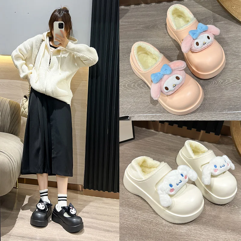

New Kawaii Kuromi Sanrios Hellokitty Y2K Cartoon Plush Cotton Slippers Cute Cinnamoroll Home Slippers Girl Anime Non Slip Shoes